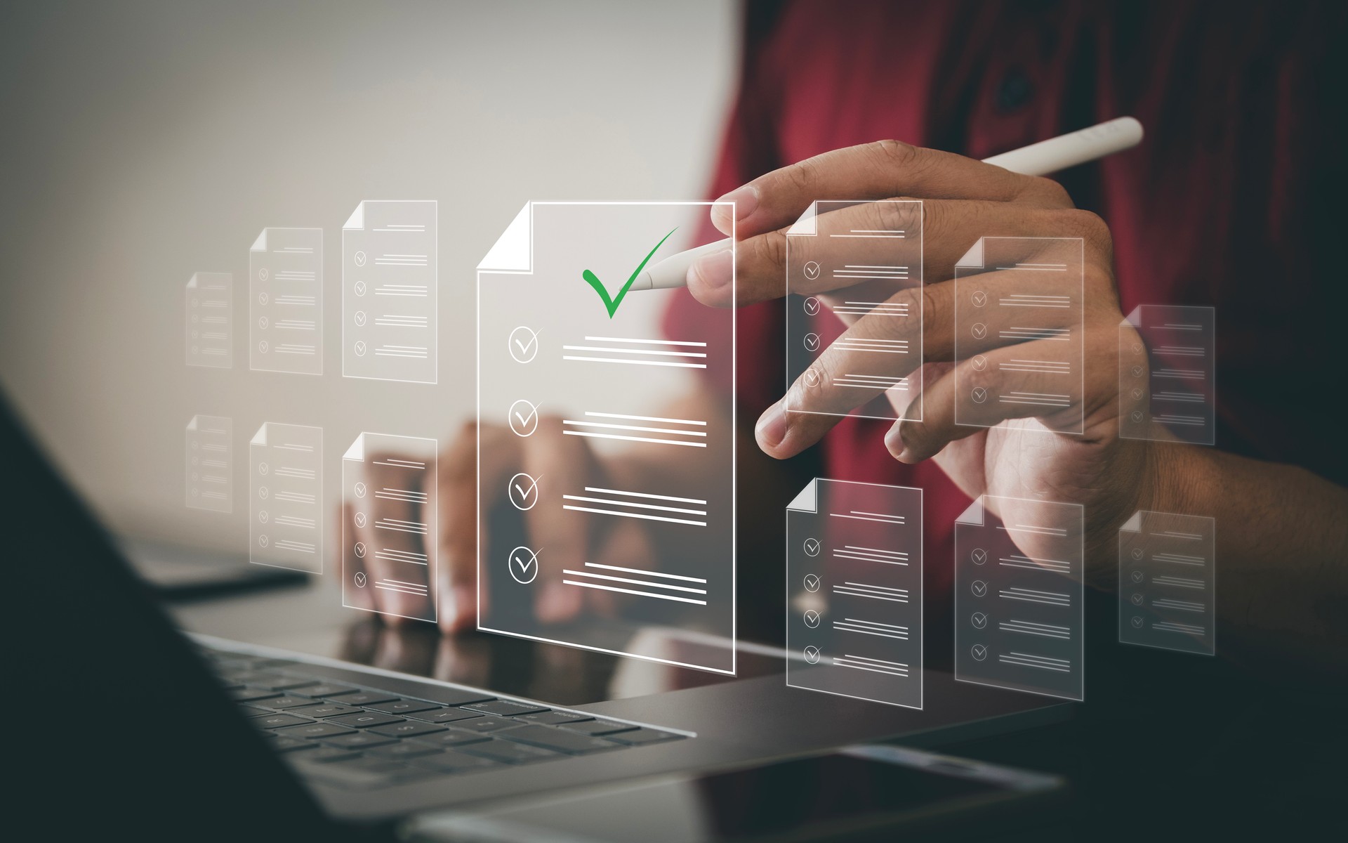 One person is using a computer. Digital document management concept on virtual screen Automatic document allocation process Paperless document management Integrating and sharing data in the cloud